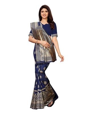 Navy blue woven poly silk saree with blouse 2