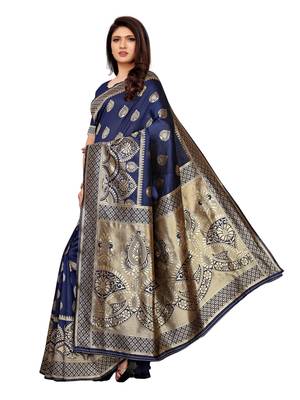 Navy blue woven poly silk saree with blouse 3