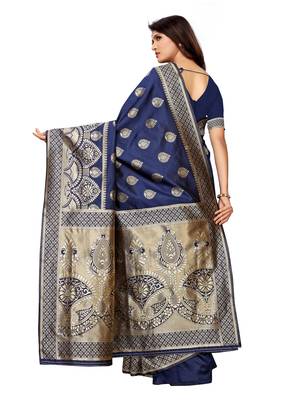 Navy blue woven poly silk saree with blouse 4