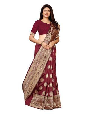 Maroon Woven Poly Silk Saree With Blouse 2