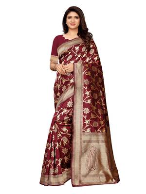 Maroon Woven Poly Silk Saree With Blouse 1