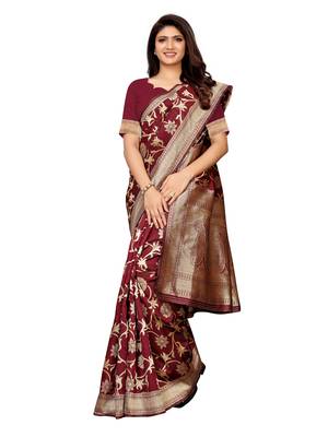 Maroon Woven Poly Silk Saree With Blouse 2