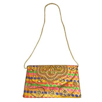 Womens Hand Embroidered Clutch With Sling Ribbon Multicolor 2