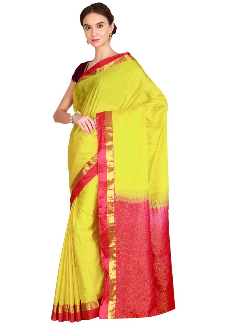 CLASSICATE from the house of The Chennai Silks Women's Light Yellow Kanjivaram Silk Saree With Running Blouse