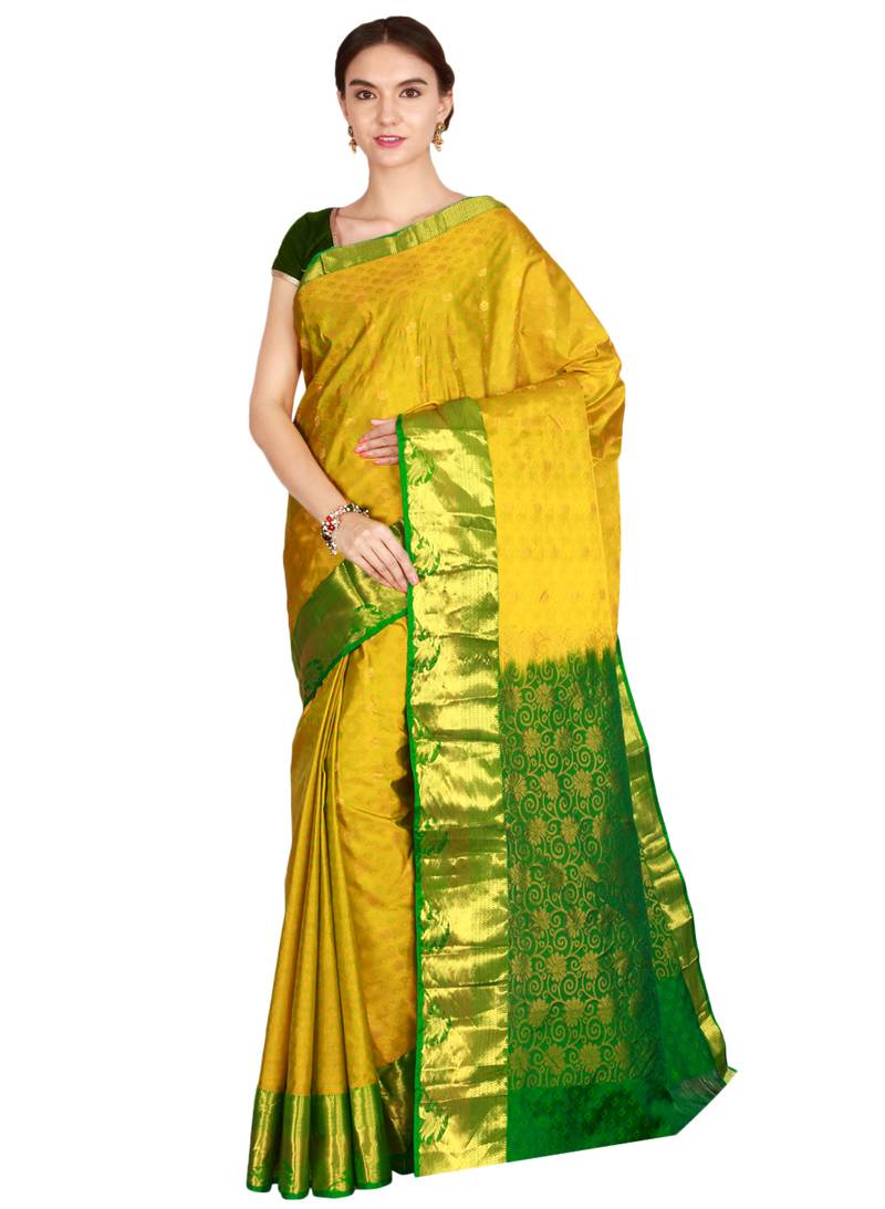 CLASSICATE from the house of The Chennai Silks Women's Olive Green Kanjivaram Silk Saree With Running Blouse