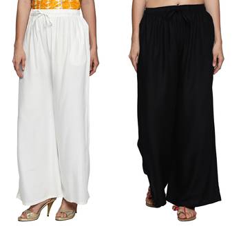 Combo of 2 Women's Crepe White & Black Solid Palazzos 1