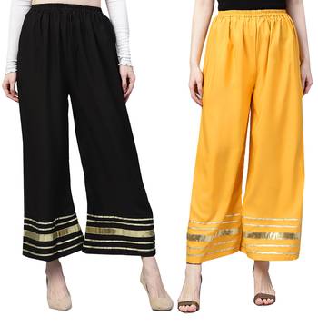 2 Women's Crepe Black & Mustard Yellow Solid With Gota Patti Palazzos 1