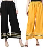 2 Women's Crepe Black & Mustard Yellow Solid With Gota Patti Palazzos