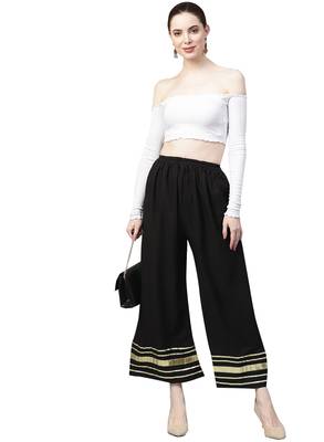 2 Women's Crepe Black & Mustard Yellow Solid With Gota Patti Palazzos 3