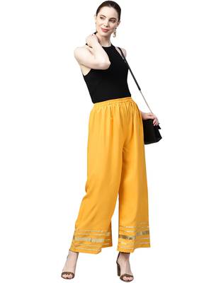 2 Women's Crepe Black & Mustard Yellow Solid With Gota Patti Palazzos 5