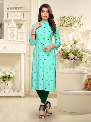 Sky-blue printed rayon party-wear-kurtis 1