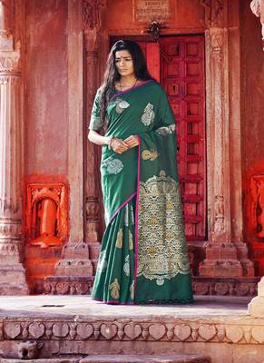   dark green woven silk blend saree with blouse 1
