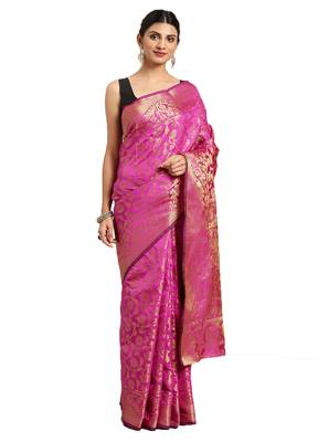Pink woven banarasi silk saree with blouse 1