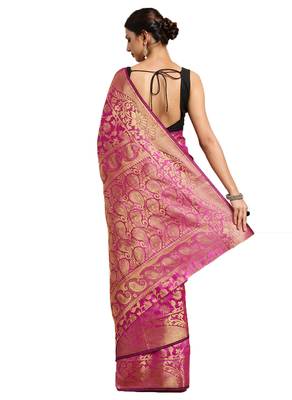 Pink woven banarasi silk saree with blouse 2