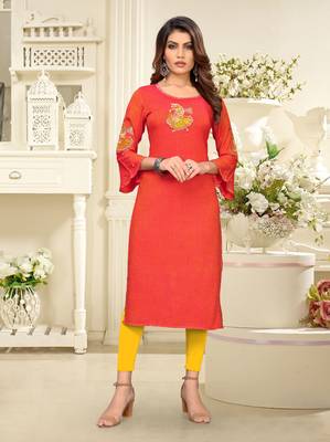 Orange embroidered rayon party-wear-kurtis 1