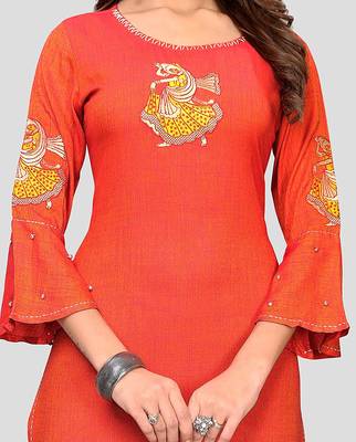 Orange embroidered rayon party-wear-kurtis 4