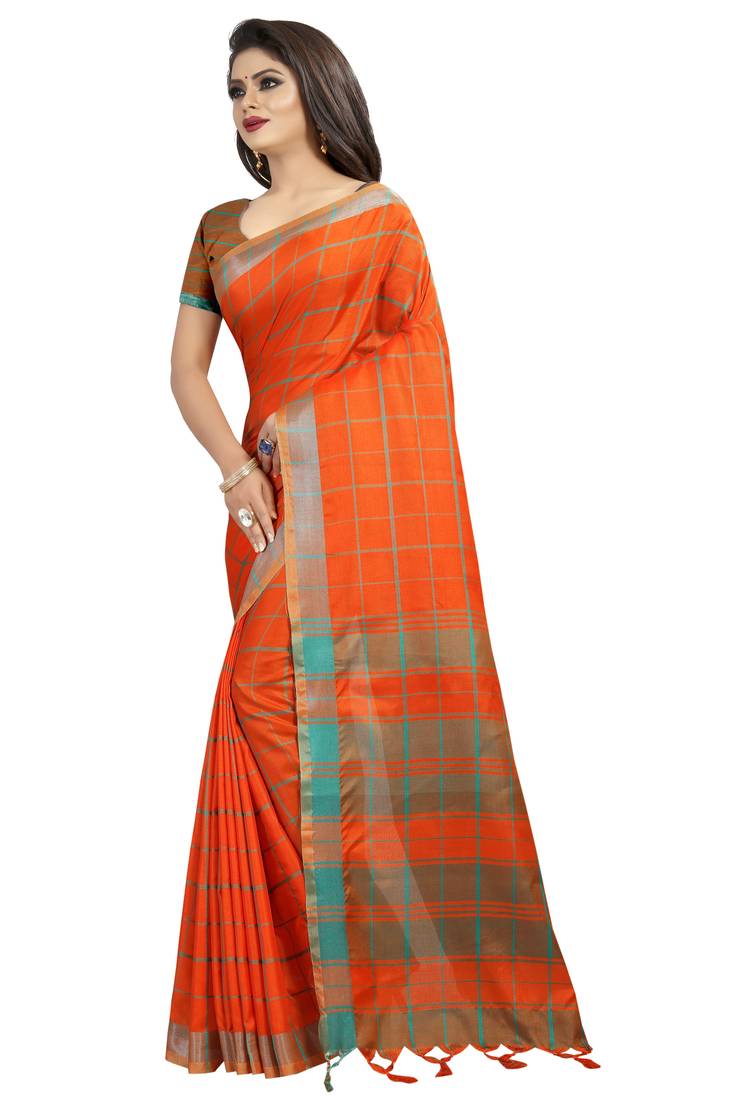 orange woven linen saree with blouse