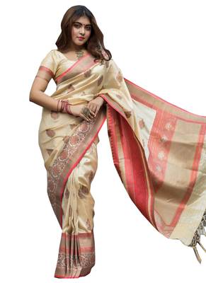 Cream Embroidered Banarasi Silk Saree With Blouse 1