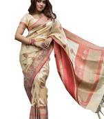 Cream Embroidered Banarasi Silk Saree With Blouse
