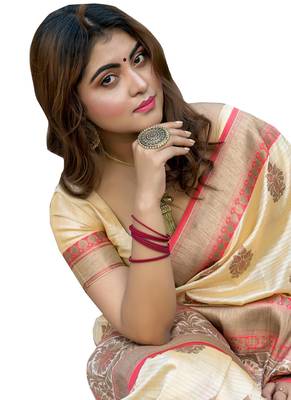 Cream Embroidered Banarasi Silk Saree With Blouse 2