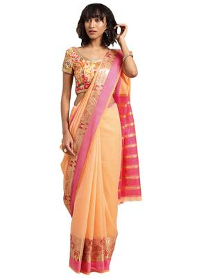 Blissta Women's Cream Jacquard Cotton Silk Saree With Designer Pallu 1