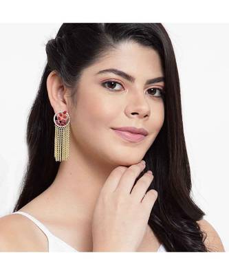 Avika Leafy Pink Golden Chained Tassel Earrings 3