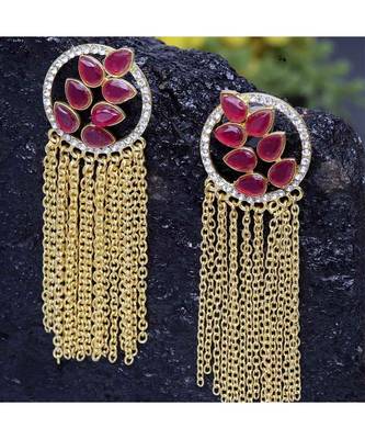 Avika Leafy Pink Golden Chained Tassel Earrings 4