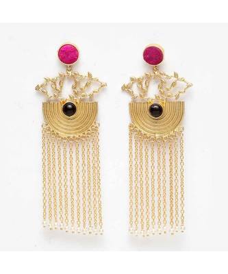 Adhrita Pink-Black Stone Pearl Chained Tassel Earrings 1