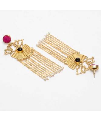 Adhrita Pink-Black Stone Pearl Chained Tassel Earrings 2