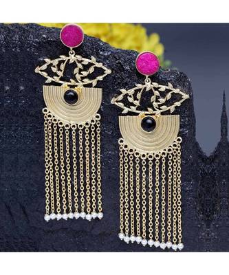 Adhrita Pink-Black Stone Pearl Chained Tassel Earrings 3