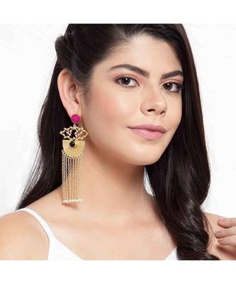 Adhrita Pink-Black Stone Pearl Chained Tassel Earrings 4