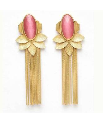 Dhriya Pink Leafy Golden Tassel Drop Earrings 1