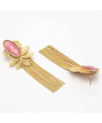 Dhriya Pink Leafy Golden Tassel Drop Earrings 2