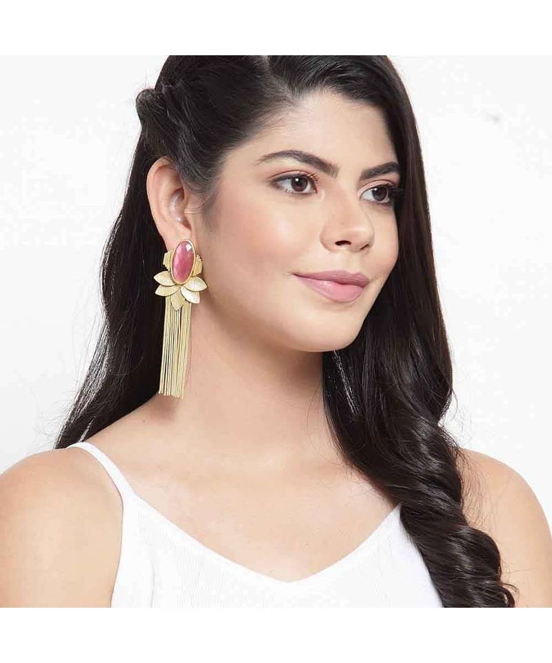Dhriya Pink Leafy Golden Tassel Drop Earrings