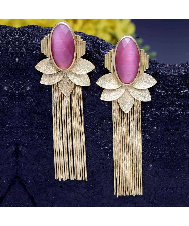 Dhriya Pink Leafy Golden Tassel Drop Earrings