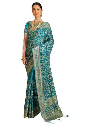 Teal Embroidered Silk Saree With Blouse 1
