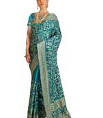 Teal Embroidered Silk Saree With Blouse