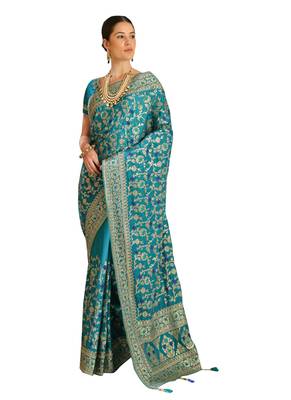 Teal Embroidered Silk Saree With Blouse 2