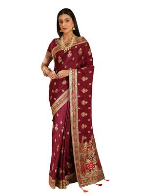 Wine Embroidered Silk Saree With Blouse 1