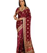 Wine Embroidered Silk Saree With Blouse