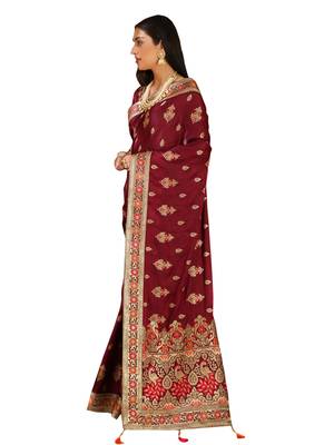Wine Embroidered Silk Saree With Blouse 2