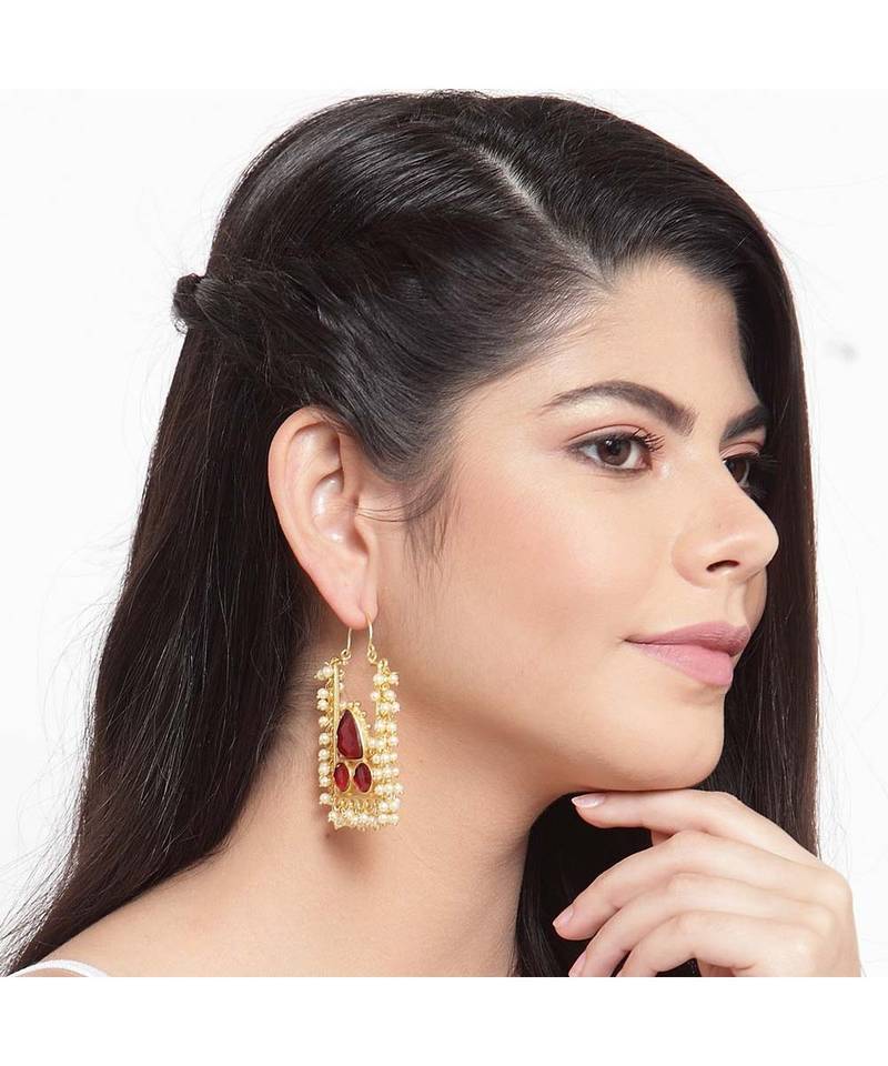 Hridika Rectangular Faux Pearl Golden Earrings