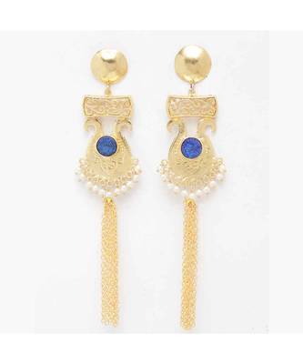 Vamika Royal Blue Stone Golden Pearl Tassel Earrings 1