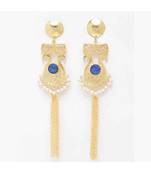 Vamika Royal Blue Stone Golden Pearl Tassel Earrings