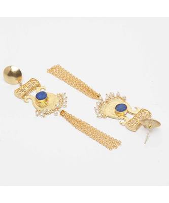 Vamika Royal Blue Stone Golden Pearl Tassel Earrings 2