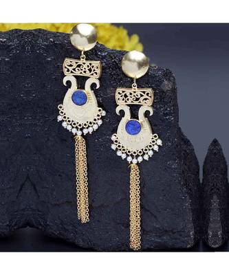 Vamika Royal Blue Stone Golden Pearl Tassel Earrings 3