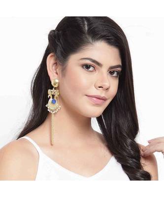 Vamika Royal Blue Stone Golden Pearl Tassel Earrings 4