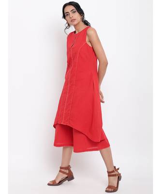 Red Center Lace Kurta-Pant 6