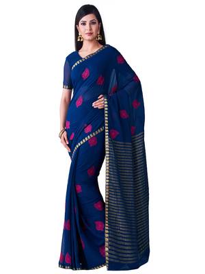 Blue Embroidered Chiffon Saree With Blouse 1