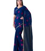 Blue Embroidered Chiffon Saree With Blouse